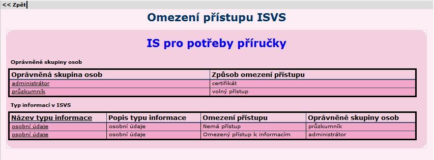 Pro čtení, vkládání, změnu i zrušení.. Vyplněná záložka Omezení přístupu pak může vypadat např. takto: Obrázek 79 Záložka Omezení přístupu ISVS příklad vyplnění 5.1.2.