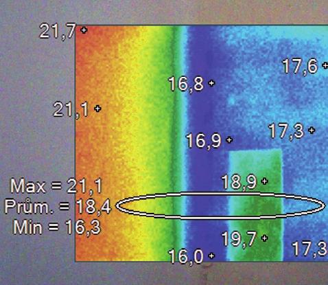 IN Thermo Termofotografie ukazuje změnu povrchové teploty stěny (zelený obdélník) v místě aplikovaného vzorku barvy ETERNAL IN Thermo.