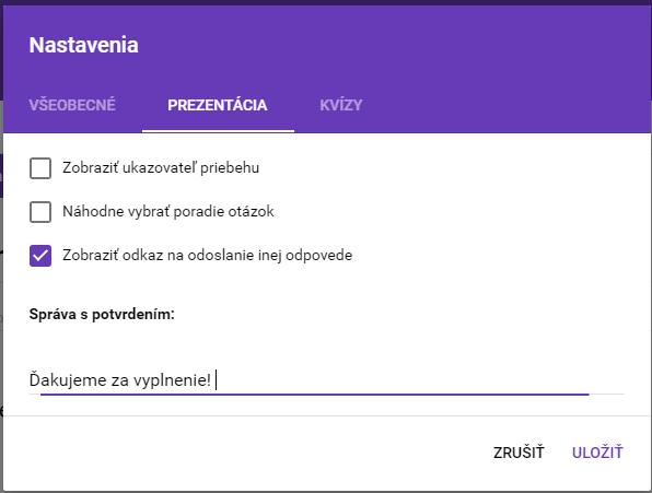 Ďalšie nastavenia Nastavenia formuláru