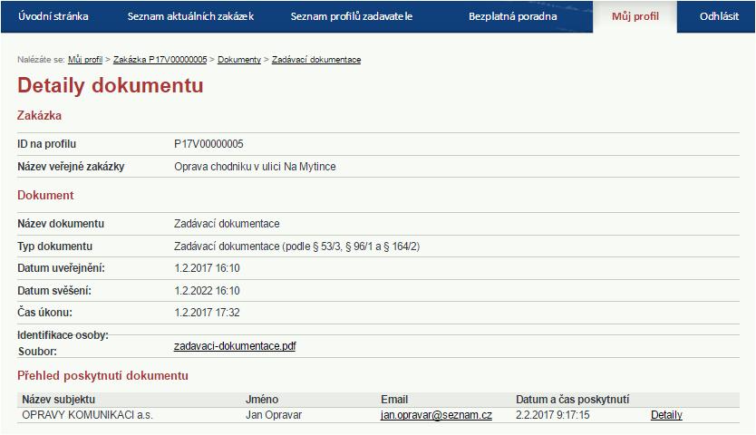 V dolní části se nachází Přehled poskytnutí dokumentu, ve kterém je zobrazena identifikace subjektu, který si tento dokument stáhl z profilu zadavatele a současně zadal svoje identifikační