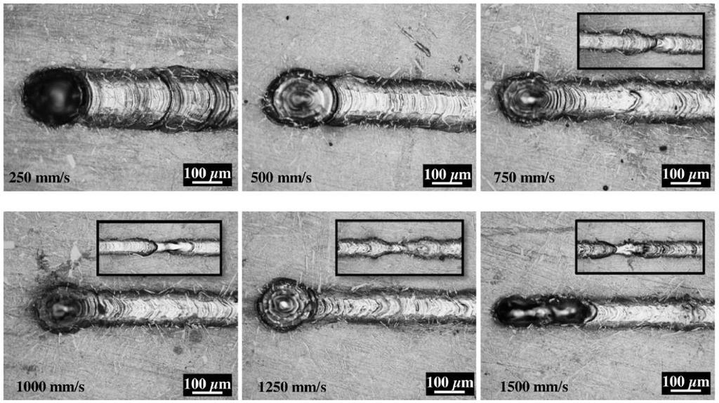 Na snímcích jsou vložené další ukázky tras s použitím ještě větších skenovacích rychlostí. V dalších experimentech je použitý materiál AlSi10Mg.