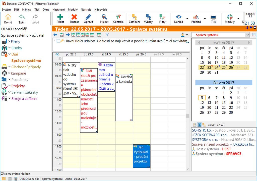 4. Plánovací kalendář Plánovací kalendář zkráceně Diář je zobrazení událostí jednoho nebo více uživatelů v čase (Týdnu).