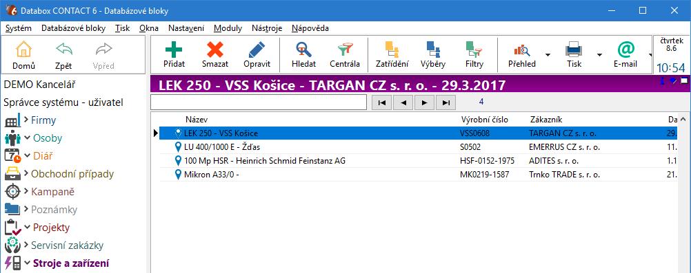 9. Stroje a zařízení Úvodní obrazovka zobrazuje seznam strojů a zařízení seřazený třeba podle datumu instalace.