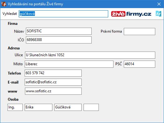 Automaticky se předvyplní základní informace včetně IČO, spojení a