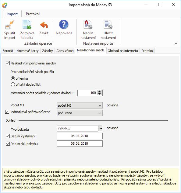 Money S3 - Import dokladů z Excelu POZNÁMKA: Naskladnění zásob může provést pouze uživatel, který má Přístupová práva na tvorbu skladových dokladů - Příjemka a Přijatý dodací list.