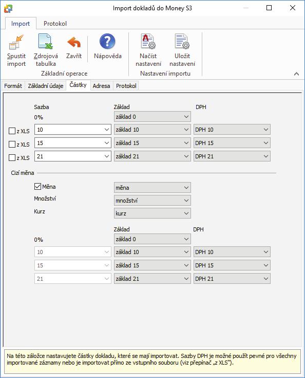 Money S3 - Import dokladů z Excelu Částky Zde nastavuje částky a jednotlivé sazby DPH.