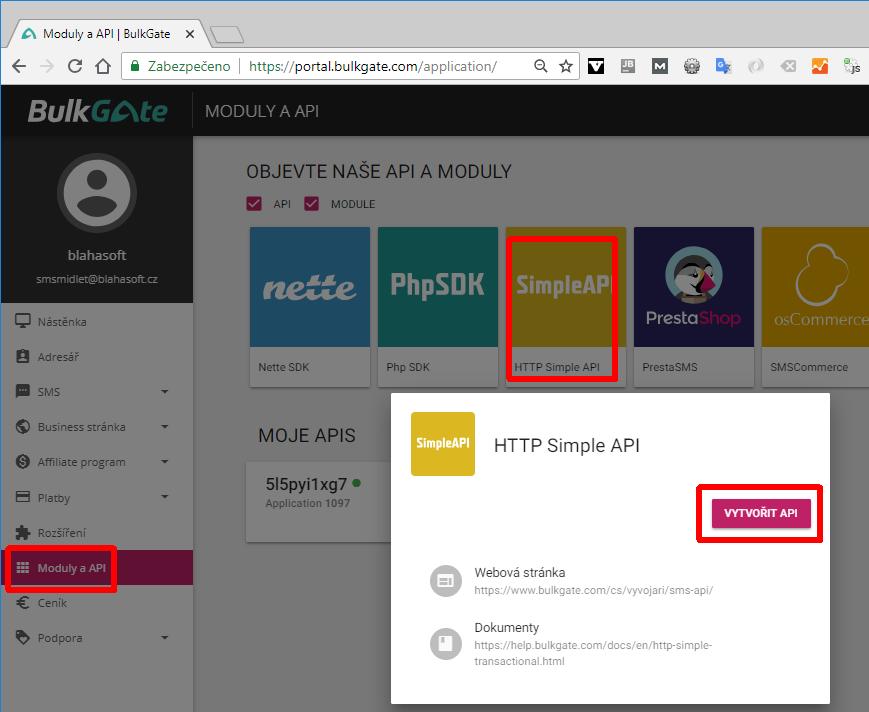 3.6.1 Nastavení účtu u BulkGate.com Po kliknutí na odkaz https://portal.bulkgate.com/join/4345 zvolíte Vytvořit účet a zadáte svůj e-mail a heslo. 3.6.1.1 Získání Application ID a Application token Application ID a Apllication token slouží k bezpečné komunikaci mezi aplikací Balíkobot a vaším účtem na BulkGate.