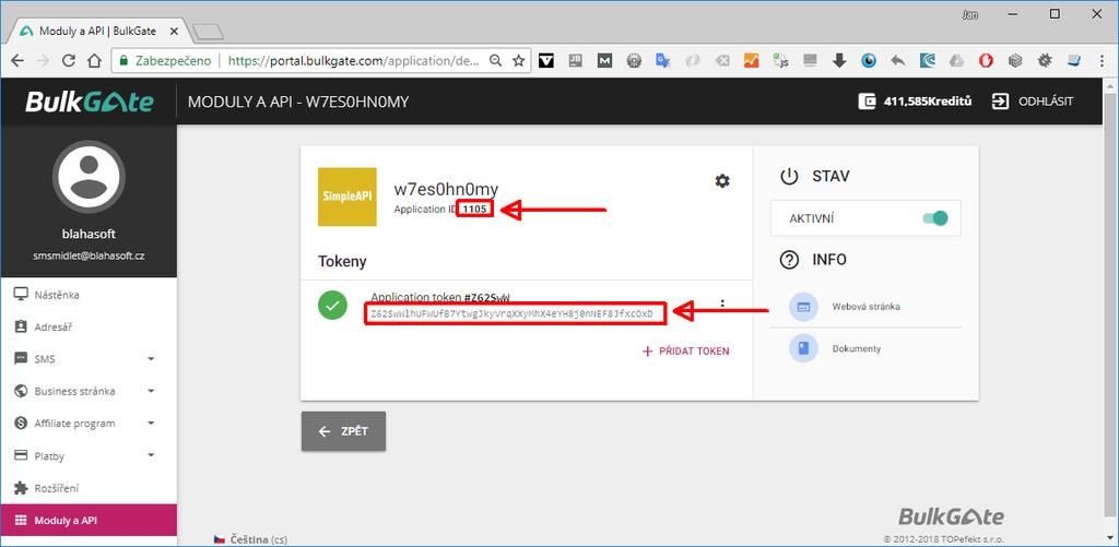 Zobrazí se vám stránka, kde je uvedeno vaše Application ID a Application token. Tyto údaje zkopírujete do aplikace Balíkobot. 3.6.