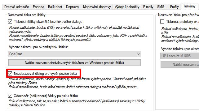 Proto je v menu Nastavení/Tiskárny zaškrtávátko, kterým si můžete zrušit zobrazování dialogu pro výběr pozice.