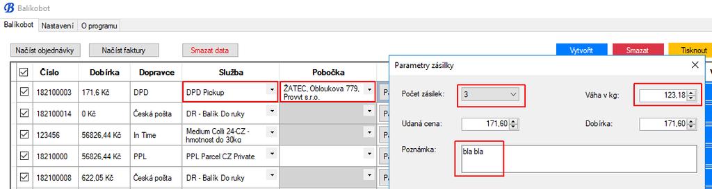 4.4.1 Příklad nastavení výchozí služby a pobočky pro DPD: Zápis údajů do pole Interní poznámka v Pohodě (pobočka, služba, váha, poznámka,