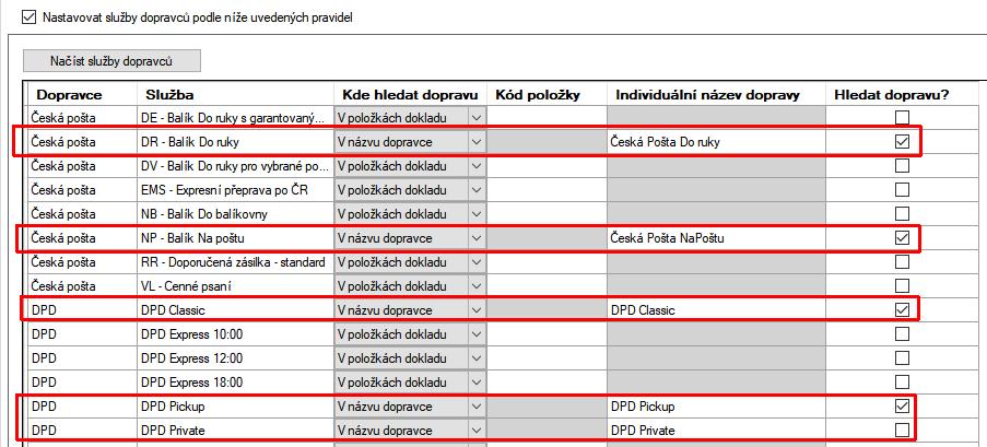 Nesmíte zadat dva stejné názvy dopravy do různých řádků. Potom by párování nefungovalo. 3) Při načtení dat do Balíkobotu se pak správně vyplní dopravce i služba.