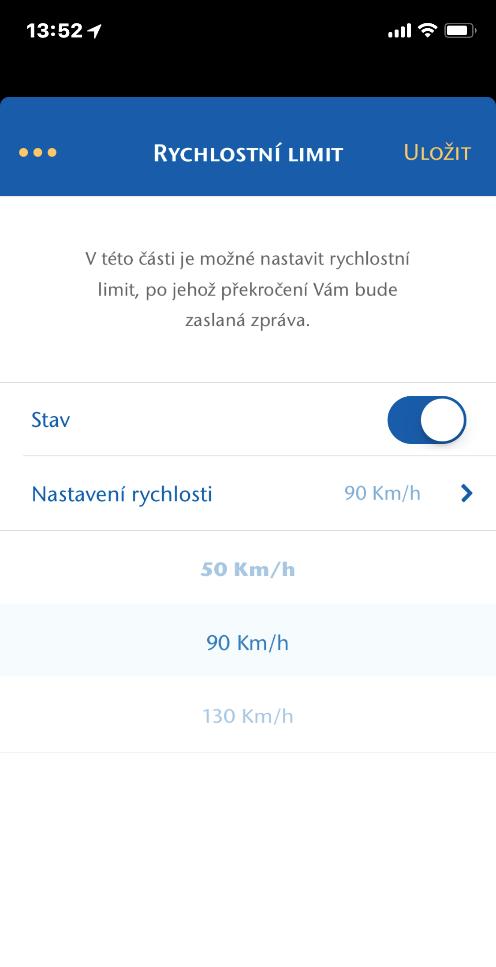 RYCHLOSTNÍ LIMIT V této nabídce máte možnost si nastavit rychlostní limit (50, 90 nebo 130km/h), po překročení kterého budete upozorněni zprávou (alertem) na Vaše mobilní zařízení.