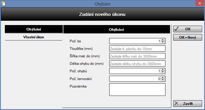 TPV calculatin 6.2.1 Uživatelská příručka Ohýbání: Pčet úknů: zadá se pčet úknů Tlušťka (mm): udává tlušťku plechu Šířka mat.