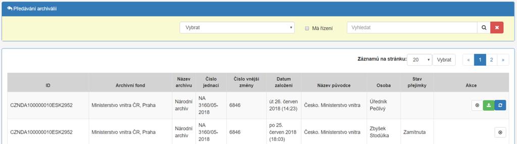 Na seznamu řízení je automaticky vytvořena nová přejímka se stejnou