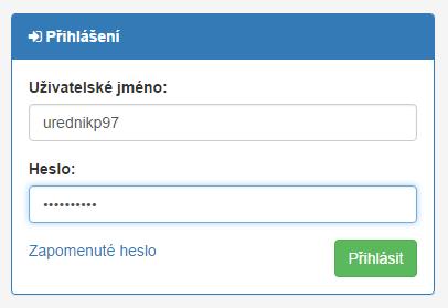 Po zobrazení přihlašovacího dialogu vyplňte přidělené uživatelské jméno a heslo. Uživatelské jméno sestává z příjmení uživatele (bez diakritiky), prvního písmene jména a čísla přiděleného portálem.