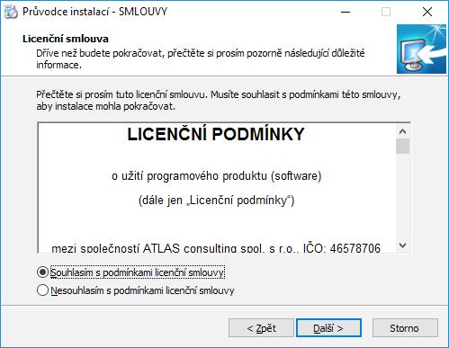 Licenční smlouva V následujícím kroku jste Průvodcem instalací vyzváni k seznámení se s podmínkami Licenčního ujednání a k potvrzení souhlasu s jeho obsahem.