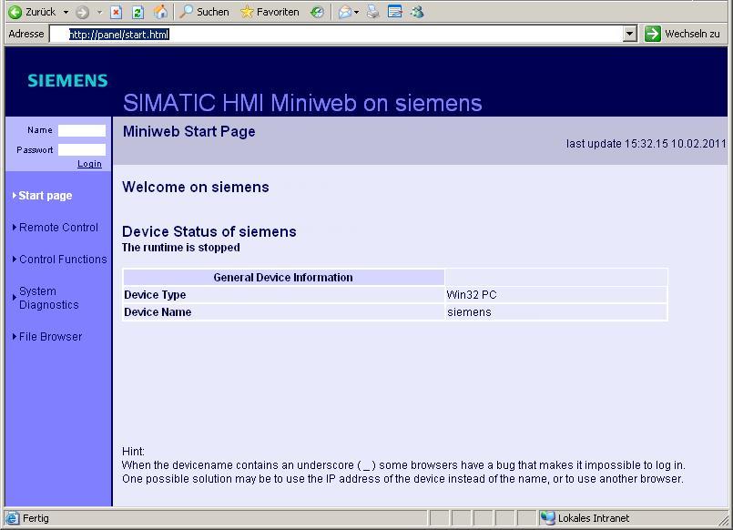 SIMATIC HMI v platformě TIA Portal Web server (Comfort panely) Rychlé uvedení do provozu neztrácet čas během testování nebo servisního zásahu!