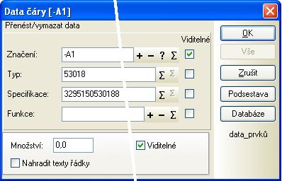 Aktivujte funkci Čáry (klávesa L nebo tlačítko Čáry v horní liště) Pravým tlačítkem myši klikněte na nakreslený obrys rozvaděče V nabídce s povely vyberte Data čáry (nahoře) Pokud má daný rozvaděč