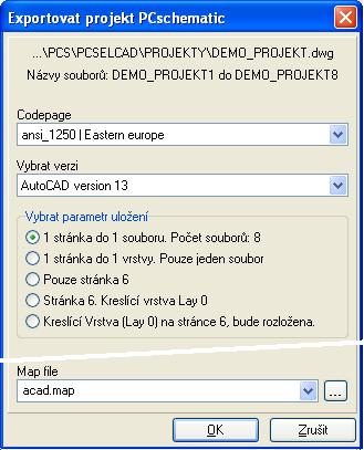 Export do DWG / DXF Program PC Schematic umožňuje uložit celý projekt nebo jeho jednotlivé stránky do formátu DWG a/nebo DXF.