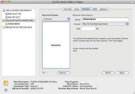 Vytváření oddílů na pevných discích Verbatim v systému Mac OS X 1. Otevřete možnost Disk Utility (Disková utilita). Nachází se v nabídce Applications (Aplikace) > "Utilities" (Utility). 2.
