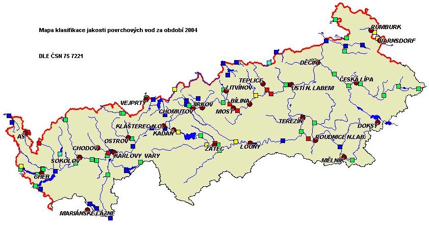 6: Výřez Děčísko  Tekoucí povrchové vody se podle jakosti vody zařazují do 5 tříd: Třída I - neznečištěná voda: stav povrchové vody, který