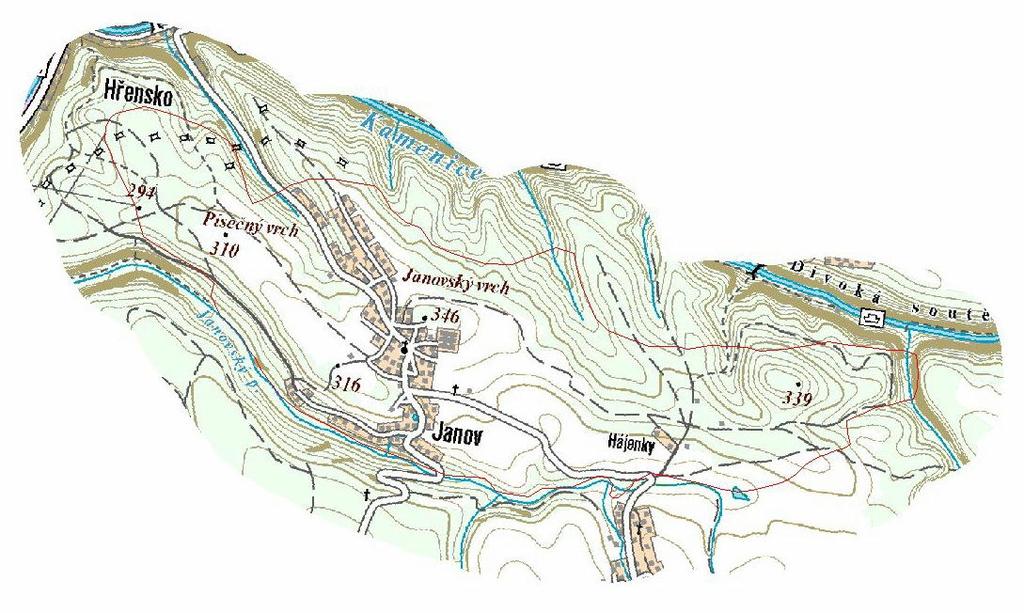 2. Základní údaje o obci 2.1. GEOGRAFICKÁ CHARAKTERISTIKA Charakteristika Obec Janov leží severně od Děčína, v nadmořských výškách 295,00 335,00 m n.m. Obcí protéká Janovský potok, jeden místní potok a nacházejí se zde dva rybníky.