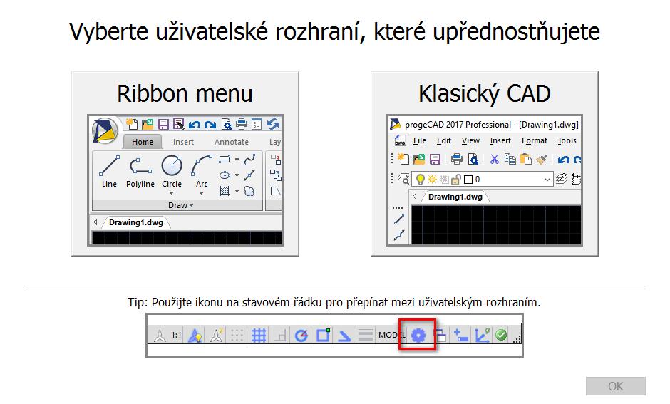 3.2. Uživatelské rozhraní ProgeCAD (již pro samotné kreslení) umožňuje výběr mezi klasickým CAD rozhraním (panely nástrojů, horní řádek nabídek apod.