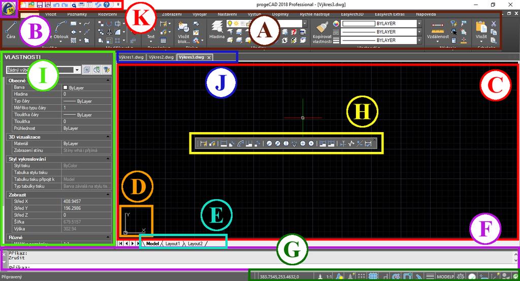 3.2.2. Ribbon menu (DOPORUČENO) A Ribbon menu nové rozhraní obsahující záložky, panely a funkce. B Tlačítko progecad funkce uložit, otevřít, tisk atd.