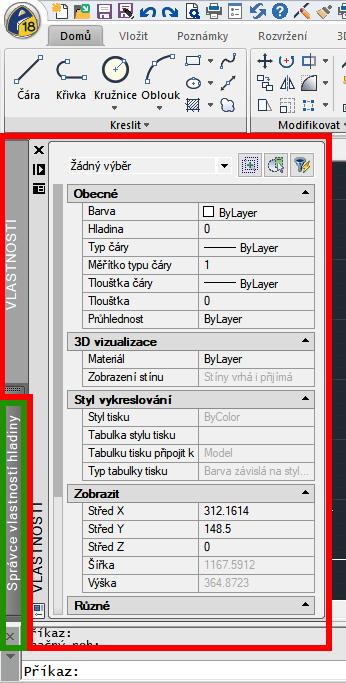 3.5. Ukotvení panelu Vlastnosti, Správce vlastností hladin a Panelu příkazů Popis funkce panelu Vlastnosti naleznete v manuálu v kapitole 5.3.6.1 Panel Vlastnosti (doplnění k tématu).