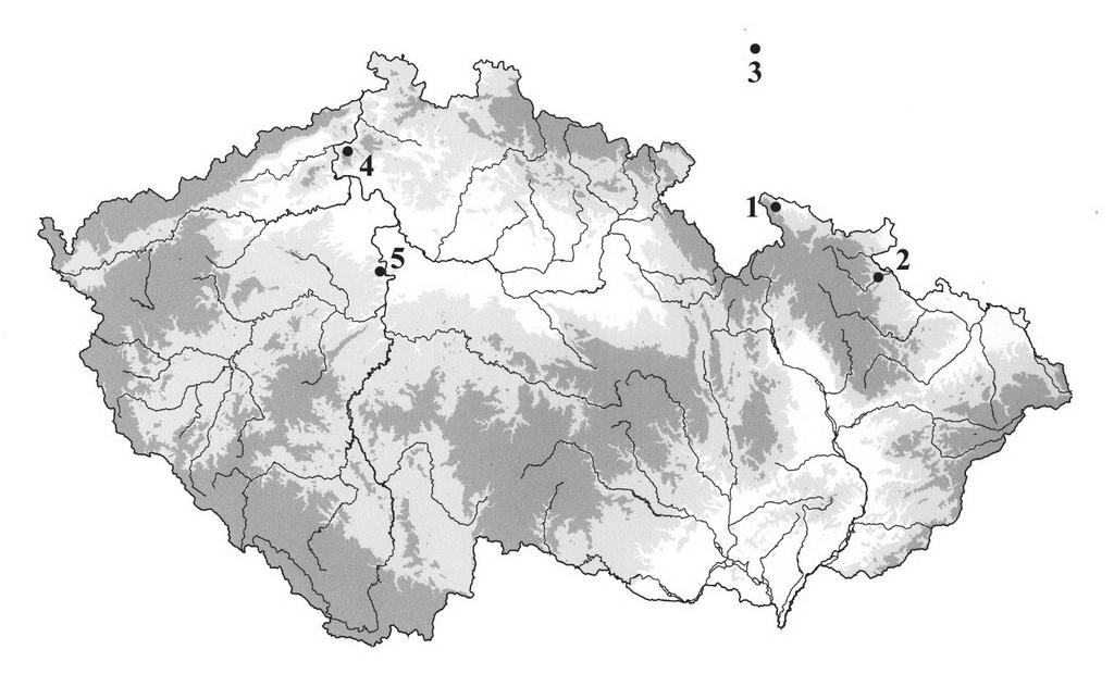 Obr. 3. Mapa rozšíření jehlic s dutou plechovou hlavicí (1 Javorník, 2 Krnov, 3 neznámé naleziště v Dolním Slezsku) a jehlic typu Wollmesheim v Čechách (4 Rydeč, 5 Praha-Suchdol).