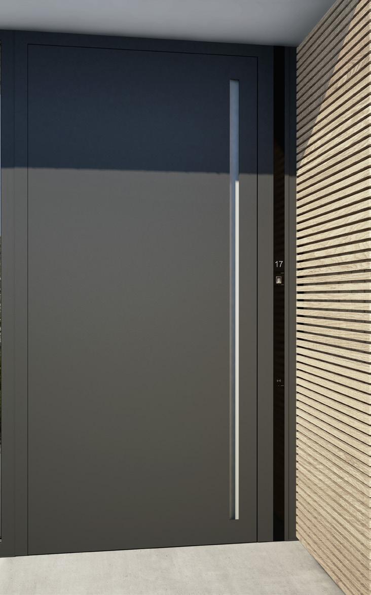 Denní pohled Zapuštěné madlo dveří Schüco ADS 90.SI SimplySmart Design Edition je do dveří zasazeno bez viditelných přechodů.