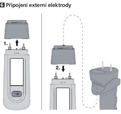 Připojení externí elektrody, obr. 6. Bezpečnostní předpisy, údržba a čištění Z bezpečnostních důvodů a z důvodů registrace (CE) neprovádějte žádné zásahy do měřiče vlhkosti.