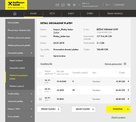 KONTROLA A ÚPRAVY PLATEB PŘED PODEPSÁNÍM 9 V Detailu hromadné platby platbu zkontrolujte. Horní část zobrazuje souhrnné informace, pod nimi je přehled jednotlivých plateb. 10 Náležitosti platby, např.