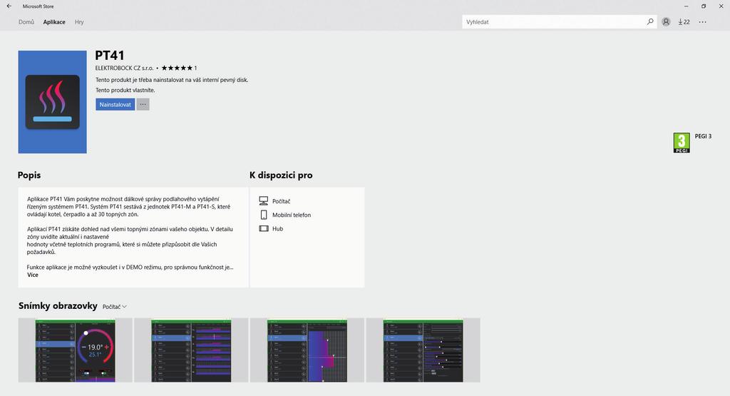 INSTALACE APLIKACE PRO WIN10 a) Na počítači zapněte připojení k internetu. b) Spusťte aplikaci Microsoft Store. c) Do vyhledávacího řádku zadejte heslo PT41 a dejte vyhledat.