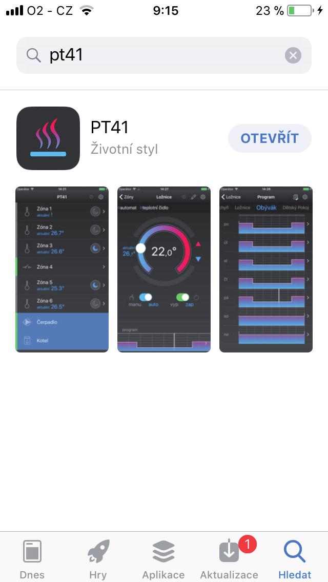 d) V seznamu vyberte aplikaci PT41 a otevřete dialog s informacemi o dané aplikaci. e) Klikněte na symbol.