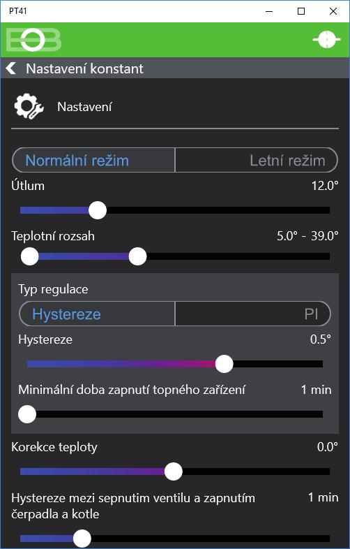 KLIKNUTÍM NA IKONU POPIS OBRAZOVEK SE OTEVŘE NASTAVENÍ Slouží pro nastavení teplotních konstant systému a umožňuje získat informace o nastavení celého systému.