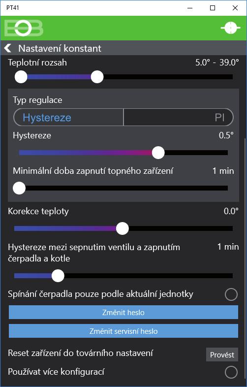 POPIS OBRAZOVEK KLIKNUTÍM NA IKONU SE OTEVŘE NASTAVENÍ KONSTANT Typ regulace (Hystereze/ PI regulace) nastavení skokové nebo plynulé regulace.