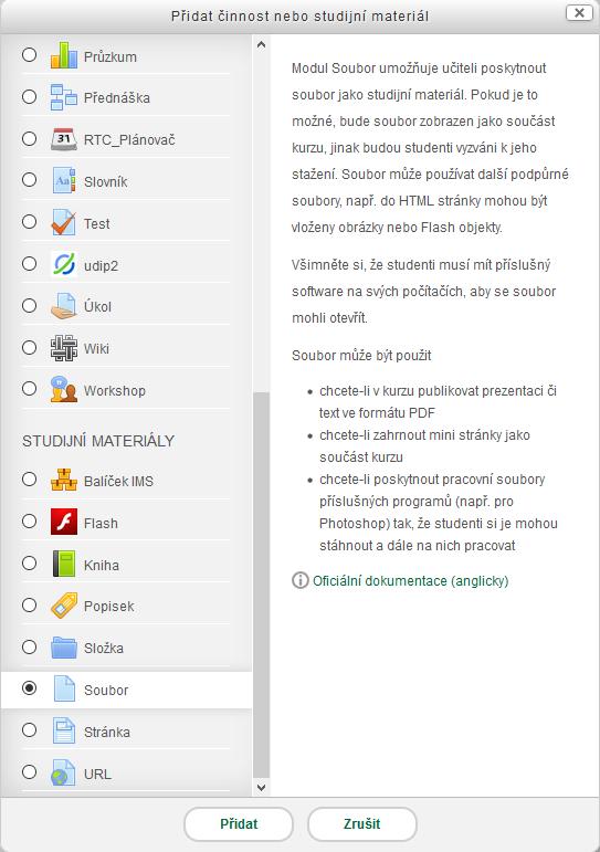 23 Vložení studijního materiálu Vyplnit název a popis vkládaného dokumentu V části Studijní