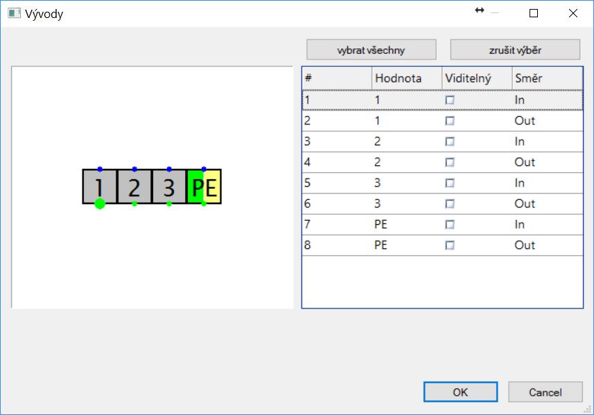 Po potvrzení dialogu (tlačítkem OK) můžete upravit pozice vývodů pomocí myši. Pomocí položky kontextového menu Uložit vývody a atributy můžete uložit polohu čísel vývodů a atributů.