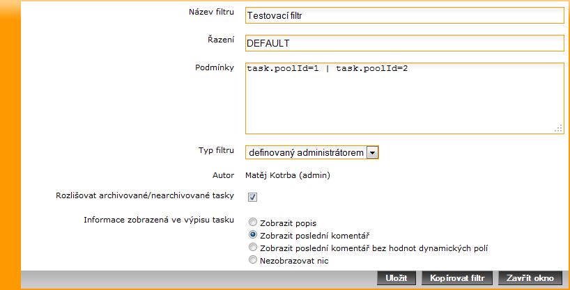 Tlačítkem Nový vyvoláme formulář pro definici nového filtru, editovat již existující filtr můžeme kliknutím na jeho název.