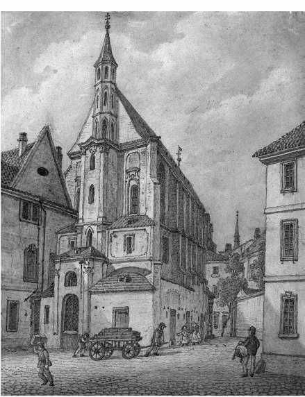 Kostel Sv Anny, kresba, 1873 (Vincenc Morstadt) Ani kostel neušel podobnému osudu. Je to vzácná raně gotická stavba, jednolodní svatyně postavená z lomové opuky a omítnutá.