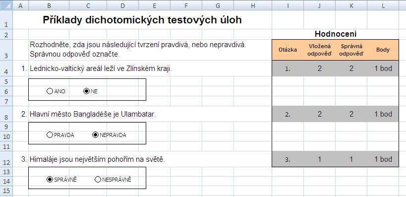 Tvorba online testových úloh krok za krokem 63 čtyři sloupce Otázka, Vložená odpověď, Správná odpověď a sloupec Body (viz Obr. 12). Obr. 12 Hodnotící tabulka u dichotomických testových úloh 2.