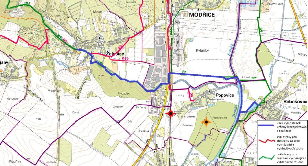 směrem na průmyslovou zónu v Modřicích u D52, dále pokračuje do Želešic, kde se dá bezpečně pokračovat po cyklostezce údolím Bobravy. Viz obrázek níže.
