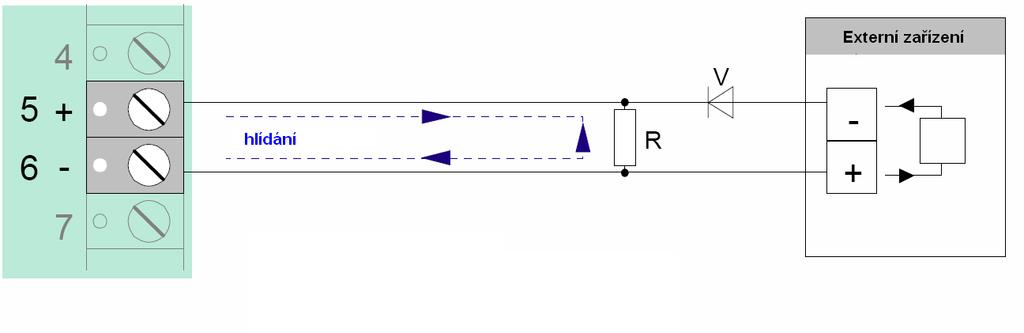 Připojení externího zařízení s hlídáním a kontrolou vedení Při hlídaném a kontrolovaném řízení externích přístrojů se u vedení hlídá a kontroluje zakončovací odpor 0 kω.