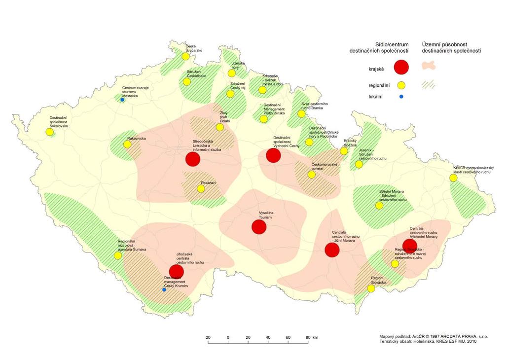 Mapa 11 Destinační společnosti v ČR v roce 2010 (Zdroj: Andrea Holešinská, Destinační management jako nástroj regionální politiky cestovního ruchu, 2012 Návrhová část Posílení organizace cestovního