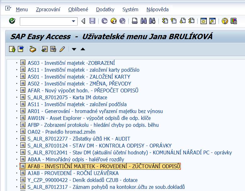 K této transakci je možné se dostat přes: Menu SAP Účetnictví Finanční účetnictví Investiční majetek Periodické práce Odpisový běh AFAB