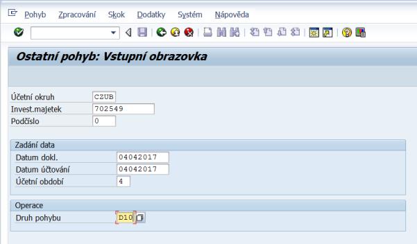 UTB ve Zlíně, Fakulta managementu a ekonomiky 93 V transakci ABSO, na vstupní obrazovce, je třeba vyplnit nejdůležitější pole, kterým je číslo investičního majetku.