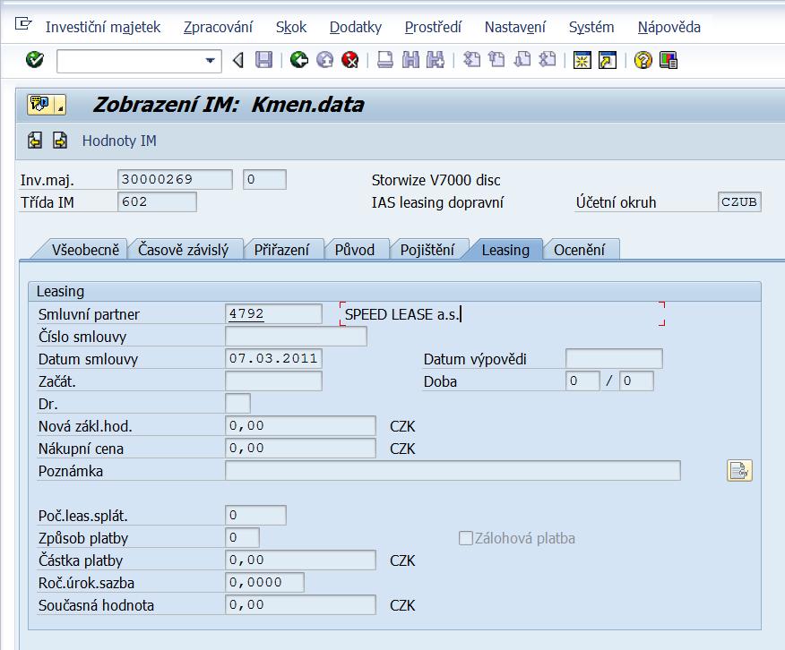 UTB ve Zlíně, Fakulta managementu a ekonomiky 98 Obrázek 38 Založení karty IM záložka LEASING Poslední záložkou je OCENĚNÍ.
