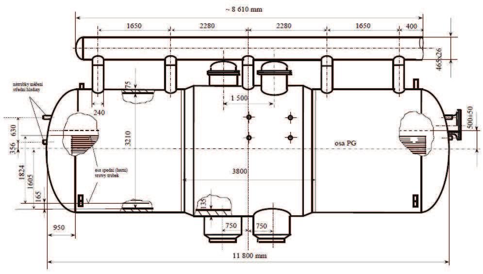 ENERGETICKÝ ÚSTAV, FSI VUT V BRNĚ, 00 Obr Záladní rozměry G [4] arogeneráor GV 3 je horizonální celosvařovaná jednoplášťová válcová laová nádoba, v jejíž cenrální čái jsou siuovány dva svislé oleory,