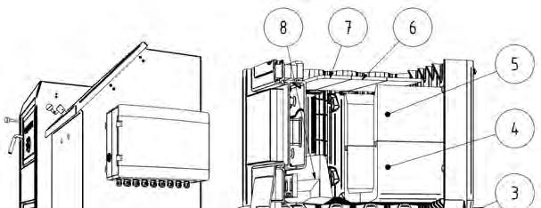 1. Rošt 2. Deflektor 3. Hák 4. Keramika spodní 5. Keramická deska horní 6. Přepážka spalovacího prostoru 7. Přepážka spalovacího prostoru přední 8.